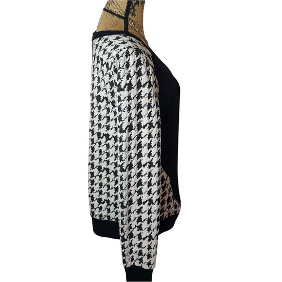 Bobeau Womens L Long Sleeve Zippers Black Cream Houndstooth Top Chic Preppy - Picture 3 of 10